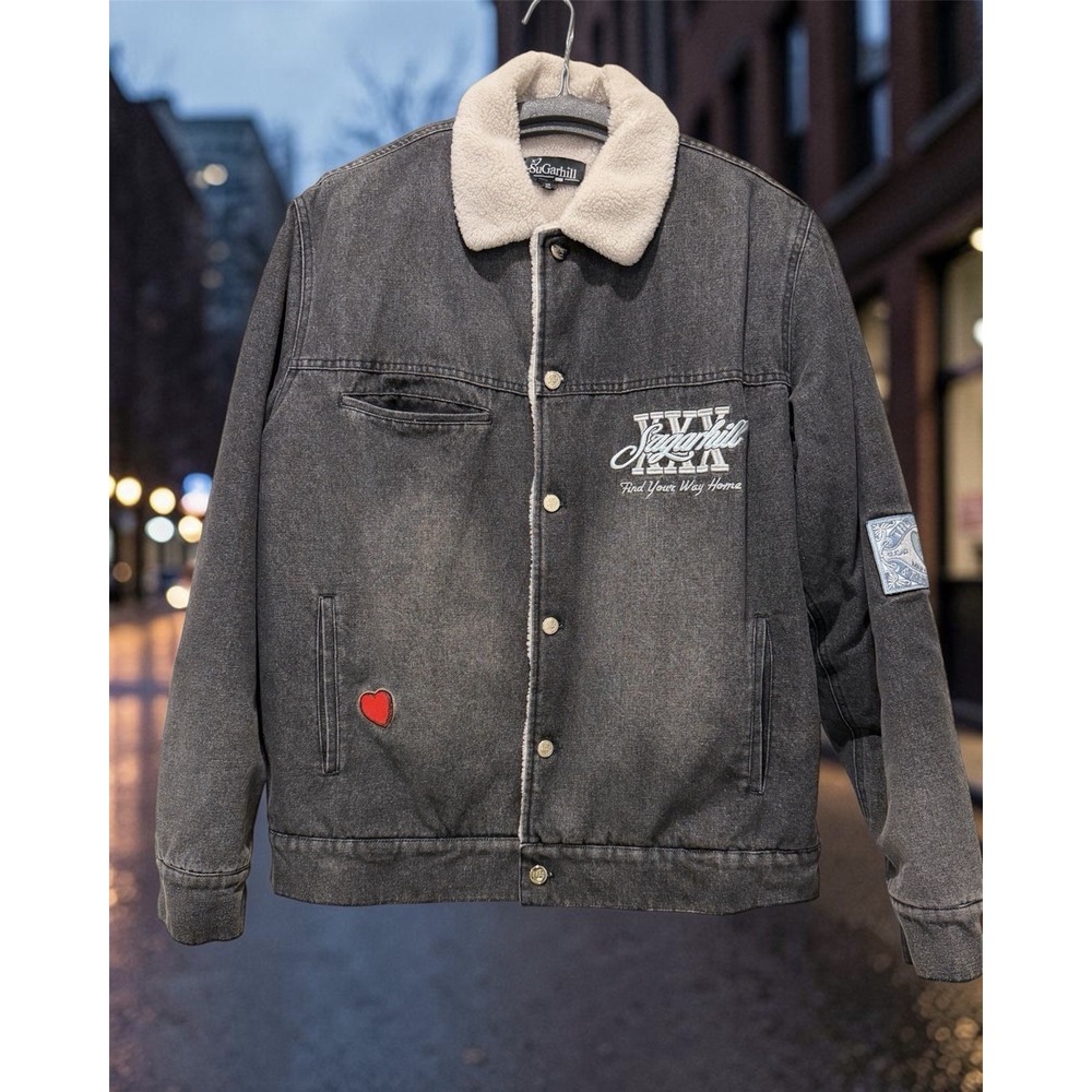 Sugarhill The Heart Denim Jacket Men Size XL In Washed Charcoal 100% Cotton